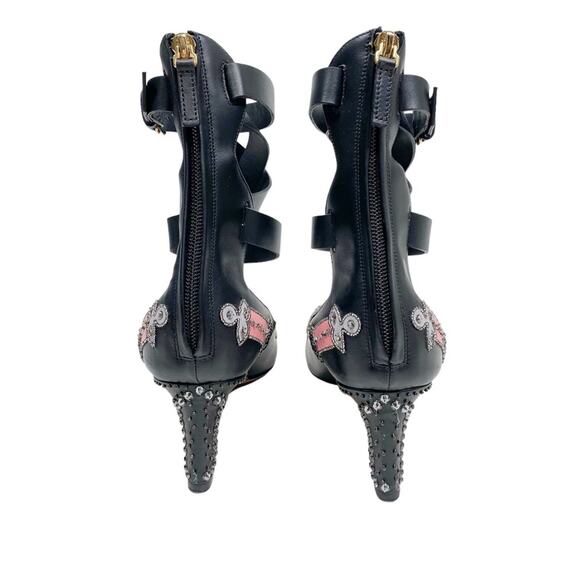 VALENTINO Love Blade Black Leather Crystal Beaded Heart Ankle Wrap Heels - Picture 8 of 11